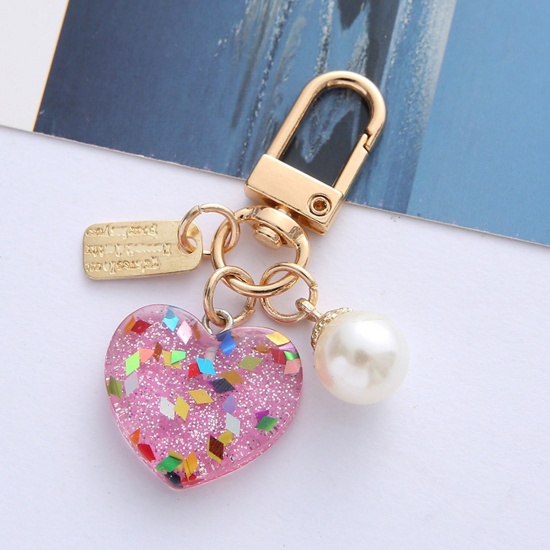 Picture of Resin Stylish Keychain & Keyring Gold Plated Pink Heart Imitation Pearl 6cm x 2.5cm, 1 Piece