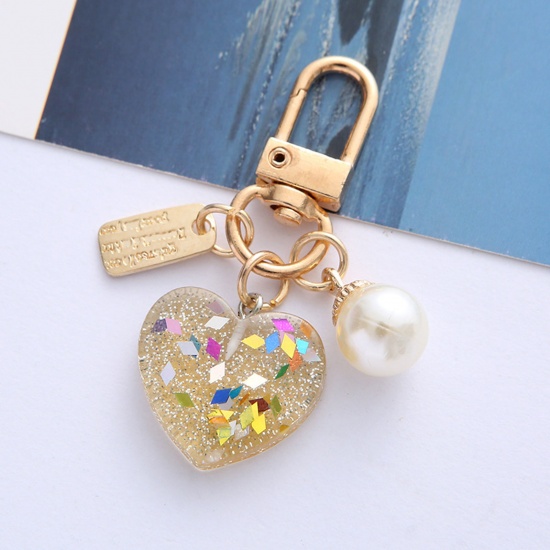 Picture of Resin Stylish Keychain & Keyring Gold Plated Champagne Heart Imitation Pearl 6cm x 2.5cm, 1 Piece