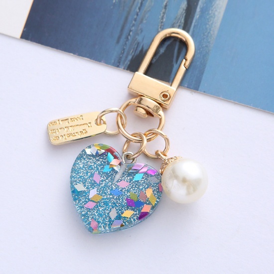 Picture of Resin Stylish Keychain & Keyring Gold Plated Blue Heart Imitation Pearl 6cm x 2.5cm, 1 Piece