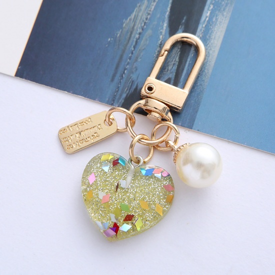Picture of Resin Stylish Keychain & Keyring Gold Plated Lemon Yellow Heart Imitation Pearl 6cm x 2.5cm, 1 Piece