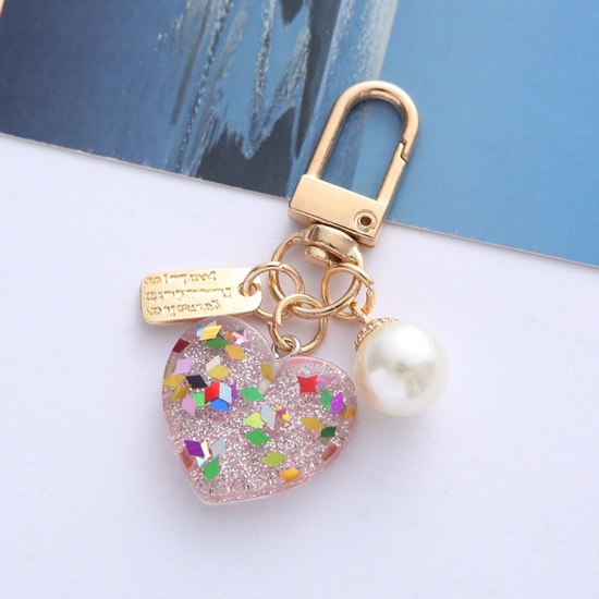 Picture of Resin Stylish Keychain & Keyring Gold Plated Mauve Heart Imitation Pearl 6cm x 2.5cm, 1 Piece