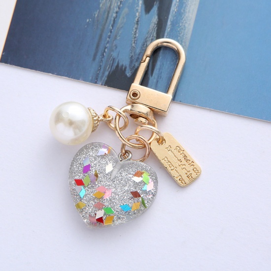 Picture of Resin Stylish Keychain & Keyring Gold Plated Transparent Clear Heart Imitation Pearl 6cm x 2.5cm, 1 Piece