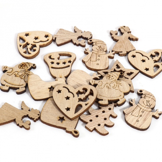 Bild von Verzierungen aus Paulownia-Holz, natürliche Weihnachten, zufällig ausgewählt, 3 x 2,6 cm – 3 x 2,1 cm, 1 Päckchen (50 Stück/Päckchen)