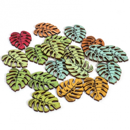 Picture of Wood Buttons Scrapbooking 2 Holes At Random Color Monstera Leaf 29mm x 24mm, 1 Packet ( 50 PCs/Packet)