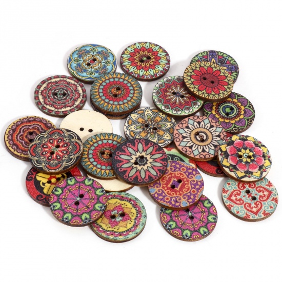 Picture of Wood Ethnic Buttons Scrapbooking 2 Holes Round At Random Color 25mm Dia., 1 Packet ( 100 PCs/Packet)