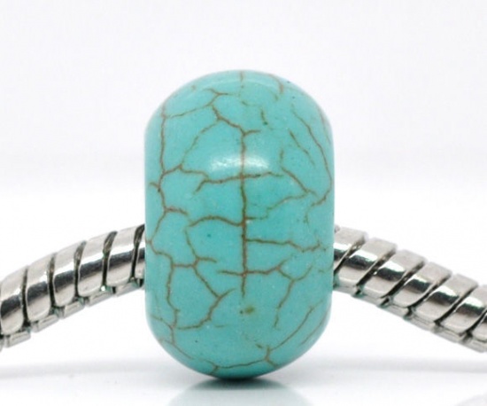 Picture of Turquoise ( Synthetic ) European Style Large Hole Charm Beads Green Round Crack 14mm Dia., Hole: Approx 5.6mm, 30 PCs