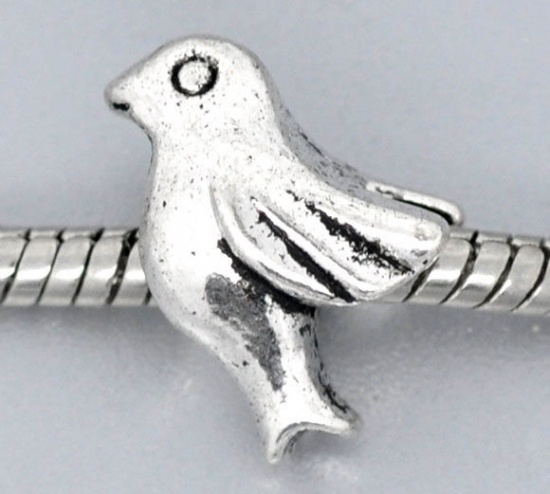 Picture of Zinc Based Alloy European Style Large Hole Charm Beads Antique Silver Color Pigeon Animal 16mm x 11mm, Hole: Approx 4.5mm, 4 PCs