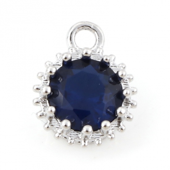 Bild von Kupfer Monatsstein Charms Platin plattiert Rund September Knallblau Zirkonia 9mm x 7mm, 2 Stück
