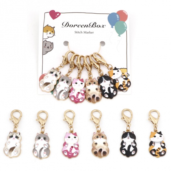 Picture of Zinc Based Alloy Knitting Stitch Markers Cat Animal Gold Plated Enamel 4.5cm x 1.4cm, 1 Set