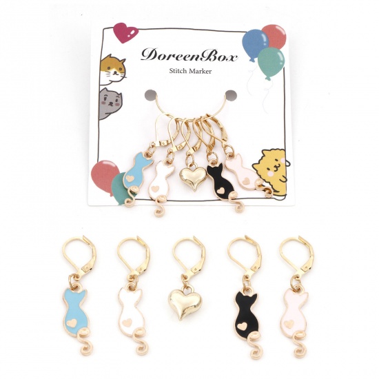 Picture of Zinc Based Alloy Knitting Stitch Markers Cat Animal Heart Gold Plated Enamel 4.3cm x 1cm 3x1cm, 1 Set