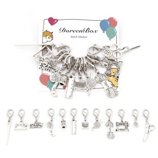 Picture of Zinc Based Alloy Knitting Stitch Markers Sewing Tools Antique Silver Color 5.9cm x 1cm - 3.3x1cm, 1 Set