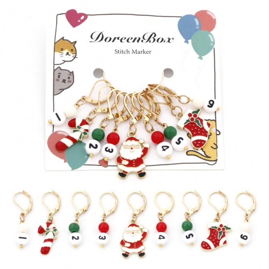 Picture of Zinc Based Alloy Knitting Stitch Markers Christmas Number Gold Plated Enamel 4.1cm x 1.5cm - 3.5x1cm, 1 Set