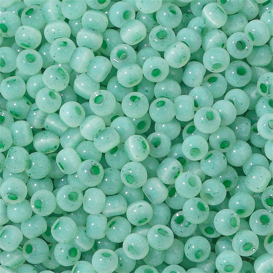 Picture of Glass Seed Beads Round Rocailles Emerald Green Cat's Eye Imitation About 4mm Dia., Hole: Approx 1mm, 10 Grams