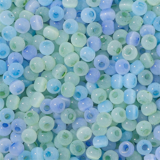 Picture of Glass Seed Beads Round Rocailles Blue & Green Cat's Eye Imitation About 4mm Dia., Hole: Approx 1mm, 10 Grams