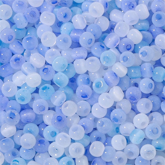 Picture of Glass Seed Beads Round Rocailles White & Blue Cat's Eye Imitation About 4mm Dia., Hole: Approx 1mm, 10 Grams