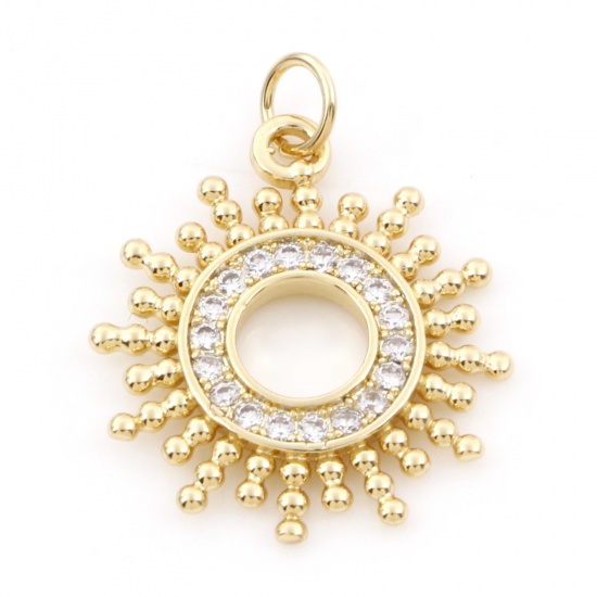 Bild von Copper Galaxy Charms Gold Plated Sun Micro Pave Clear Cubic Zirconia 26mm x 20mm, 1 Piece