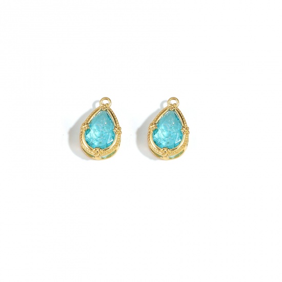 Bild von 304 Stainless Steel Charms 18K Gold Plated Drop Light Blue Cubic Zirconia 16mm x 12mm, 1 Piece