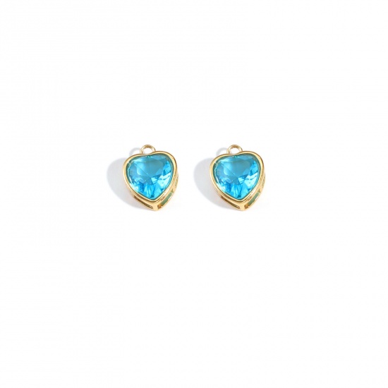 Bild von 304 Stainless Steel Charms 18K Gold Plated Heart Skyblue Cubic Zirconia 12mm x 12mm, 1 Piece