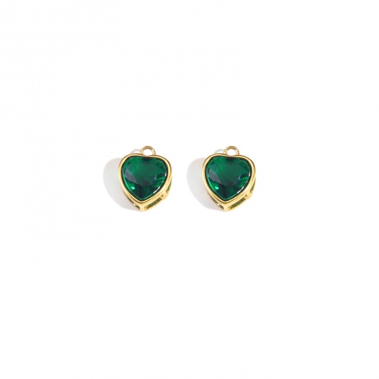Bild von 304 Stainless Steel Charms 18K Gold Plated Drop Dark Green Cubic Zirconia 16mm x 12mm, 1 Piece