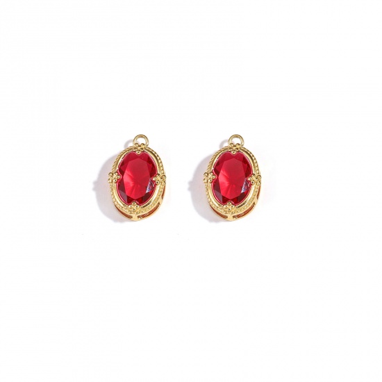 Bild von 304 Stainless Steel Charms 18K Gold Plated Oval Wine Red Cubic Zirconia 16mm x 12mm, 1 Piece