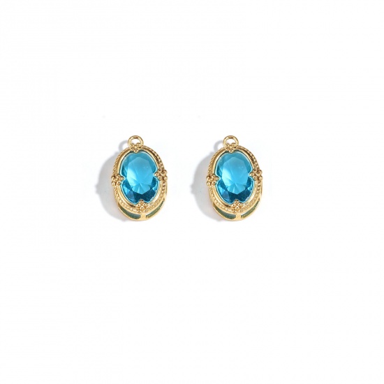 Bild von 304 Stainless Steel Charms 18K Gold Plated Oval Blue Cubic Zirconia 16mm x 12mm, 1 Piece