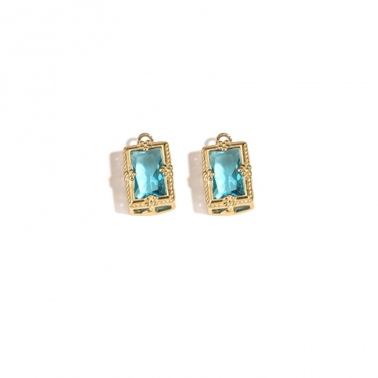 Bild von 304 Stainless Steel Charms 18K Gold Plated Rectangle Blue Cubic Zirconia 14mm x 10mm, 1 Piece