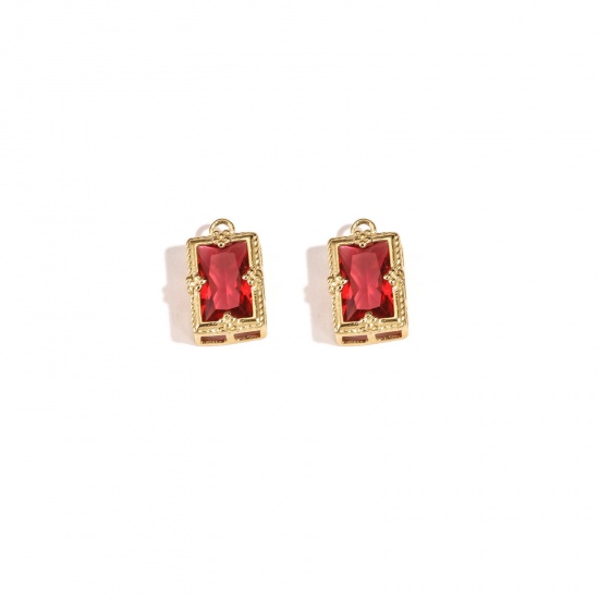 Bild von 304 Stainless Steel Charms 18K Gold Plated Rectangle Wine Red Cubic Zirconia 14mm x 10mm, 1 Piece