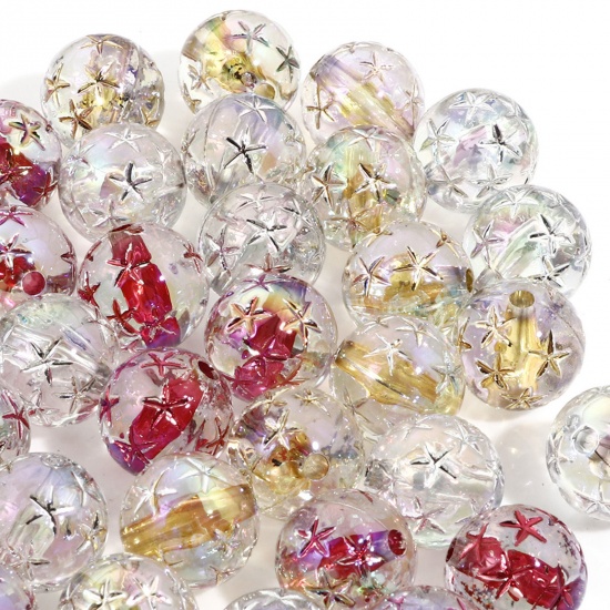Picture of Acrylic Galaxy Beads For DIY Charm Jewelry Making At Random Color AB Rainbow Color Round Star About 16mm Dia., Hole: Approx 2.6mm, 10 PCs
