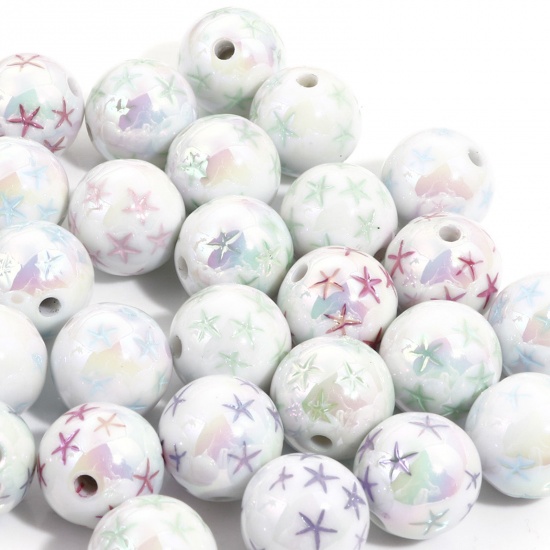 Picture of Acrylic Galaxy Beads For DIY Charm Jewelry Making At Random Color AB Rainbow Color Round Star About 16mm Dia., Hole: Approx 2.6mm, 10 PCs