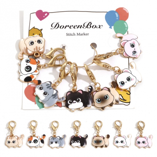 Bild von Charms Anhängerträger für Vintage Armband Stricken Stitch Markers Katze KC Vergoldet Bunt Emaille 3.8cm x 2.2cm, 1 Set ( 7 Stücke/Set)