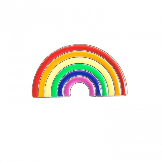 Picture of Pin Brooches Rainbow Silver Tone Multicolor Enamel 29mm x 18mm, 1 Piece