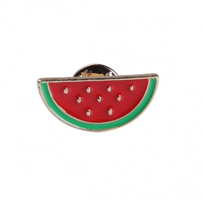 Picture of Pin Brooches Watermelon Fruit Gold Plated Red & Green 24mm x 12mm, 1 Piece