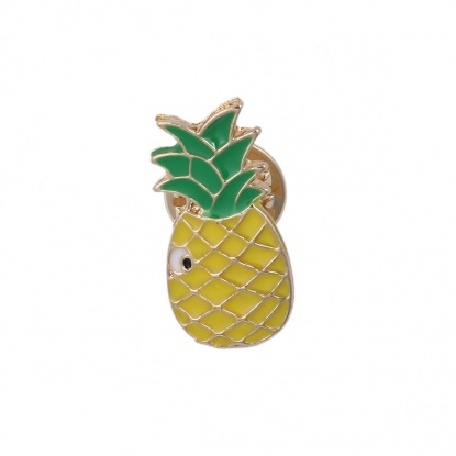 Picture of Pin Brooches Pineapple/ Ananas Fruit Gold Plated Green & Yellow 24mm x 12mm, 1 Piece