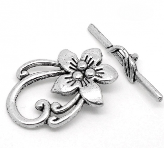 Picture of Zinc Based Alloy Toggle Clasps Flower Antique Silver Color 30mm x6mm 30mm x20mm, 10 Sets