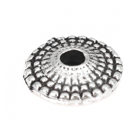 Picture of Zinc Based Alloy Spacer Beads Bicone Flying Saucer Antique Silver Dot Carved About 8mm Dia, Hole:Approx 1.9mm, 70 PCs