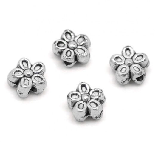 Imagen de Cuentas Aleación del Metal Del Zinc de Flor,Plata Antigua Punto 6mm x 6mm - 7mm x 7mm, Agujero: acerca de 1.3mm, 50 Unidades