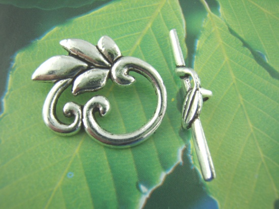 Picture of Zinc Based Alloy Toggle Clasps Leaf Antique Silver Leaf Carved 30mm x6mm 19mm x23mm, 20 Sets