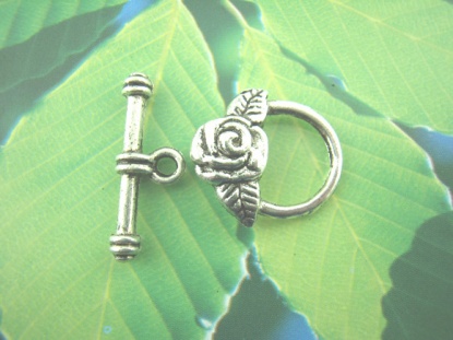 Picture of Zinc Based Alloy Toggle Clasps Round Antique Silver Flower Carved 23mm x8mm 19mm x17mm, 20 Sets