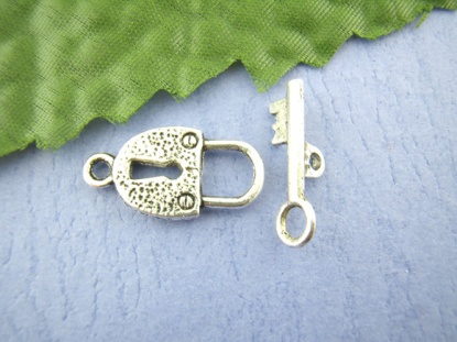 Picture of Zinc Based Alloy Toggle Clasps Lock & Key Antique Silver 21mm x11mm 20mm x6mm, 30 Sets