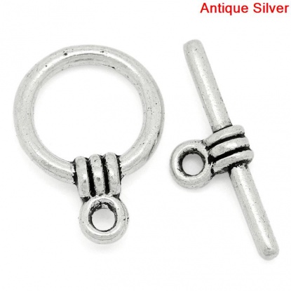 Picture of Zinc Based Alloy Toggle Clasps Round Antique Silver 17mm x6mm 15mm x11mm, 40 Sets