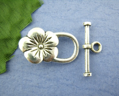 Picture of Zinc Based Alloy Toggle Clasps Flower Antique Silver 22mm x13mm 21mm x8mm, 20 Sets