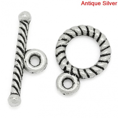 Picture of Zinc Based Alloy Toggle Clasps Round Antique Silver Stripe Carved 16mm x5mm 11mm x9mm, 50 Sets