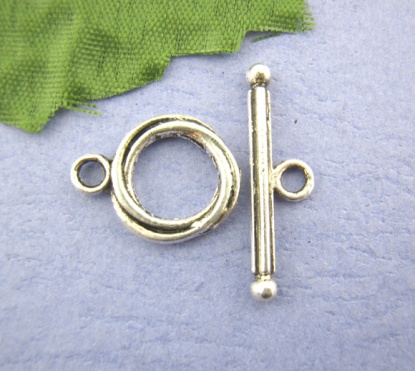 Picture of Zinc Based Alloy Toggle Clasps Circle Ring Antique Silver 24mm x7mm 17mm x13mm, 30 Sets