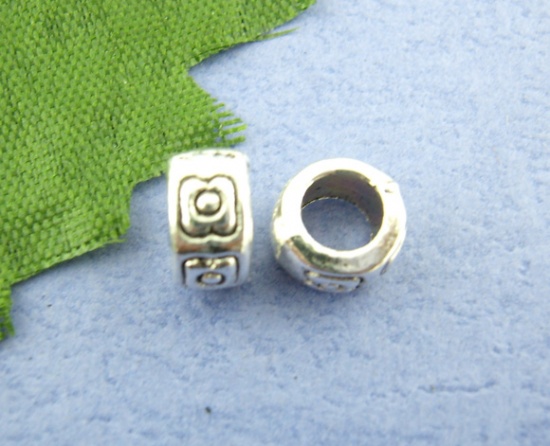 Picture of Zinc Based Alloy Spacer Beads Cylinder Antique Silver Flower Carved About 7mm x4mm, Hole:Approx 4mm, 80 PCs