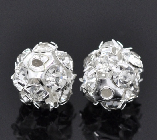 Picture of Copper Spacer Beads Ball Silver Plated Clear Rhinestone About 8mm( 3/8") Dia, Hole:Approx 1.2mm, 12 PCs