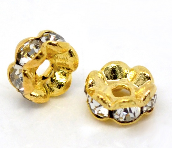 Picture of Copper Rondelle Spacer Beads Round Gold Plated Clear Rhinestone About 5mm( 2/8") Dia, Hole:Approx 1.2mm, 30 PCs