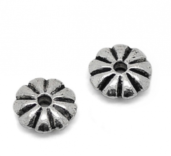 Imagen de Cuentas Espaciador Zamak Flor,Plata Antigua 7mm Diámetro, Agujero: acerca de 1.3mm, 100 Unidades