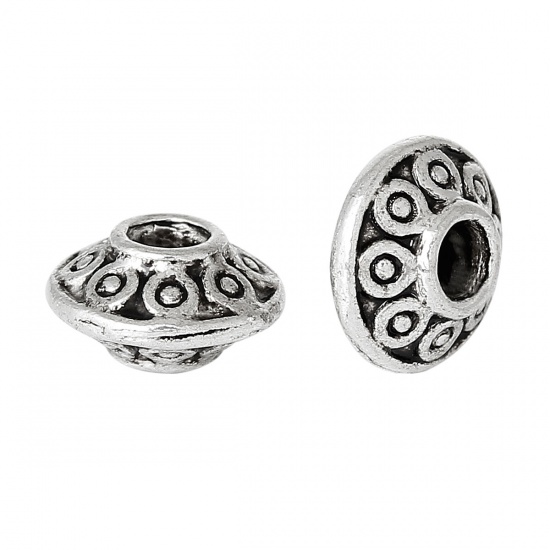Picture of Zinc Based Alloy Spacer Beads Flying Saucer Bicone Antique Silver Carved About 6mm x4mm, Hole:Approx 1.1mm, 100 PCs