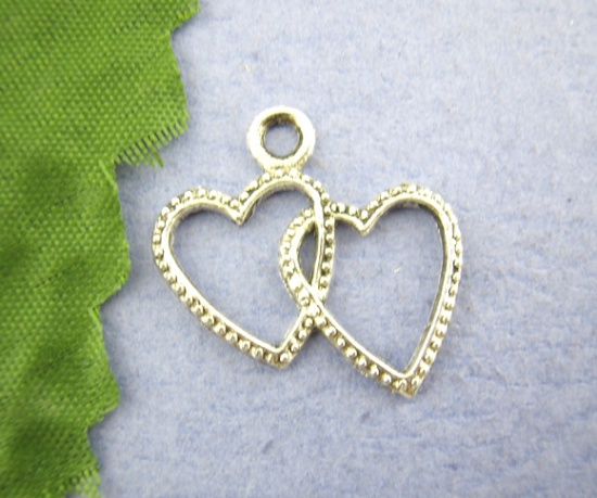 Picture of 40PCs Two Heart Charms Pendants 20*23mm