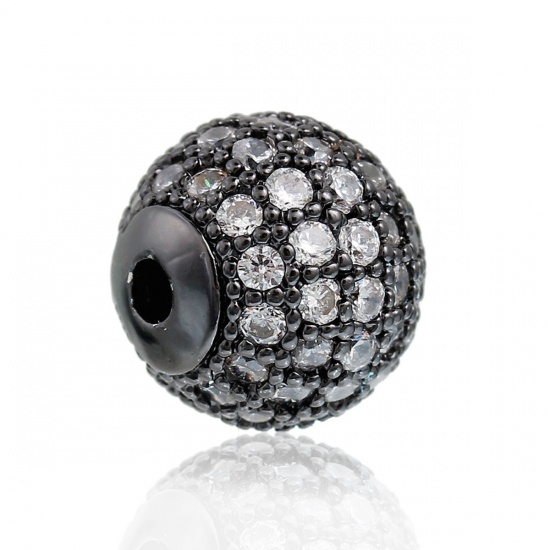 Picture of Copper Micro Pave Beads Ball Gunmetal Clear Cubic Zirconia About 10mm( 3/8") Dia, Hole: Approx 2mm( 1/8"), 1 Piece